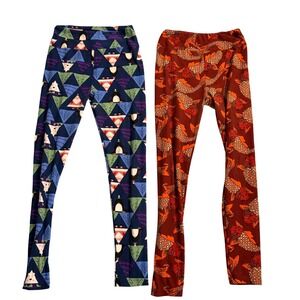 LuLaRoe Tween OS Leggings Lot of 2 Santa Penguin Koi Fish Prints‎